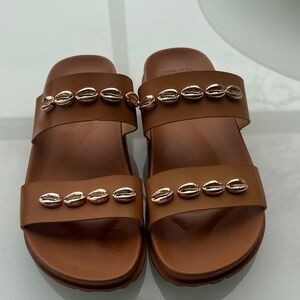 Salt Sisters Elegant Tan Sandals with Shell Embellishments New